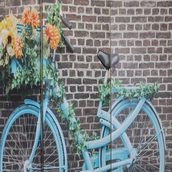 Wooden 3 Panel Room Divider with Bicycle and Flowers Print, Multicolor
