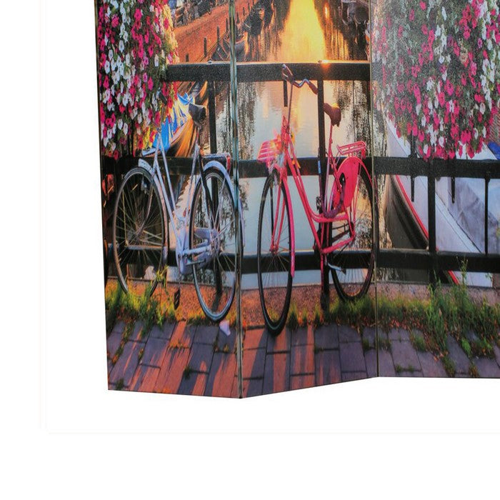 Wooden 3 Panel Room Divider with Bicycle and Flowers Print, Multicolor