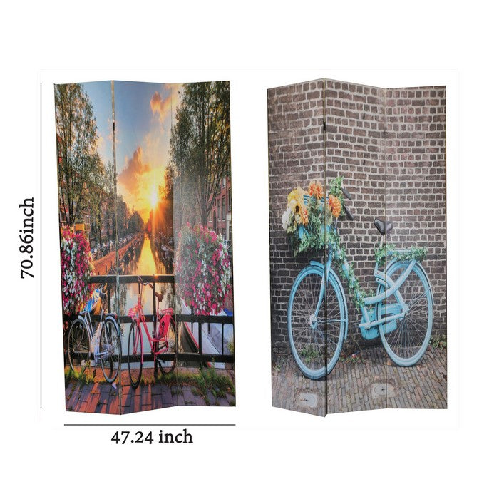 Wooden 3 Panel Room Divider with Bicycle and Flowers Print, Multicolor