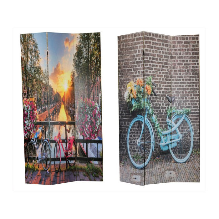Wooden 3 Panel Room Divider with Bicycle and Flowers Print, Multicolor