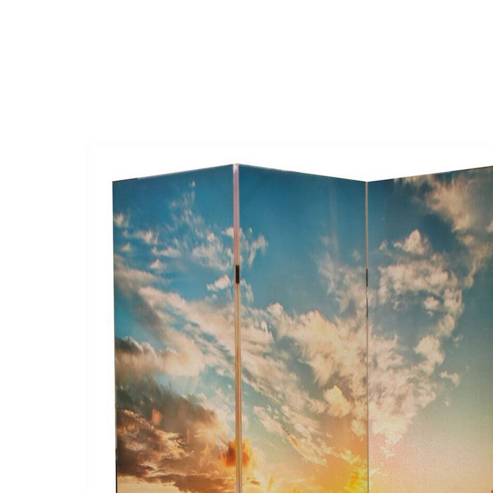 Wooden Double Sided 3 Panel Room Divider with Beach Theme Print, Multicolor