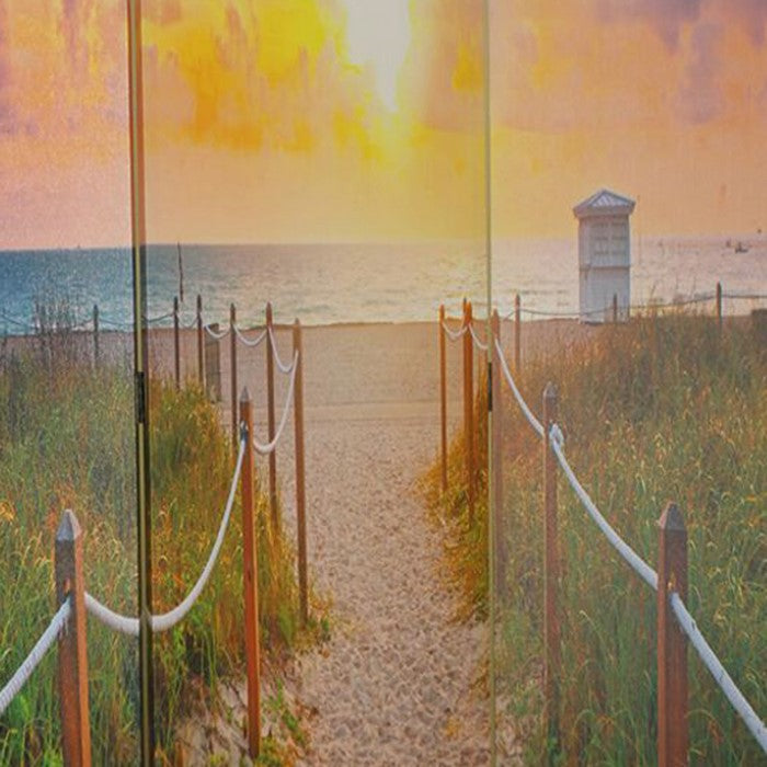 Wooden Double Sided 3 Panel Room Divider with Beach Theme Print, Multicolor