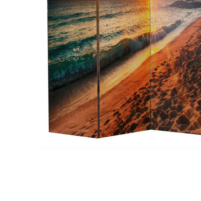 Wooden Double Sided 3 Panel Room Divider with Beach Theme Print, Multicolor