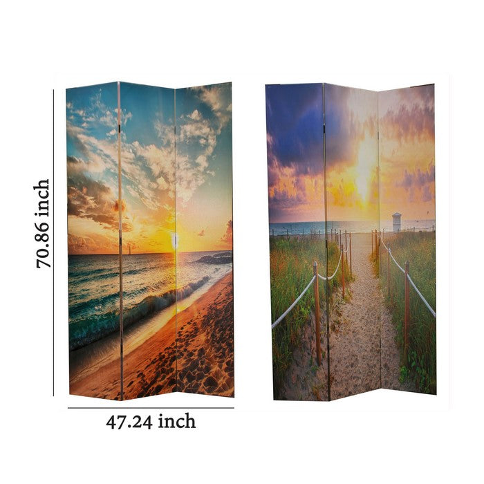 Wooden Double Sided 3 Panel Room Divider with Beach Theme Print, Multicolor