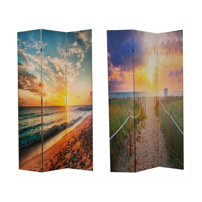 Wooden Double Sided 3 Panel Room Divider with Beach Theme Print, Multicolor