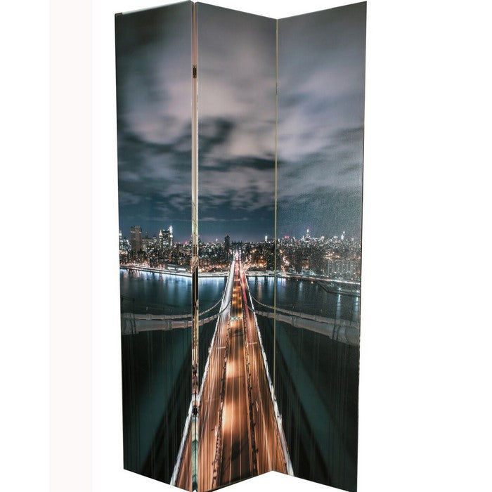 Wooden 3 Panel Room Divider with BROOKLYN BRIDGE Print, Multicolor