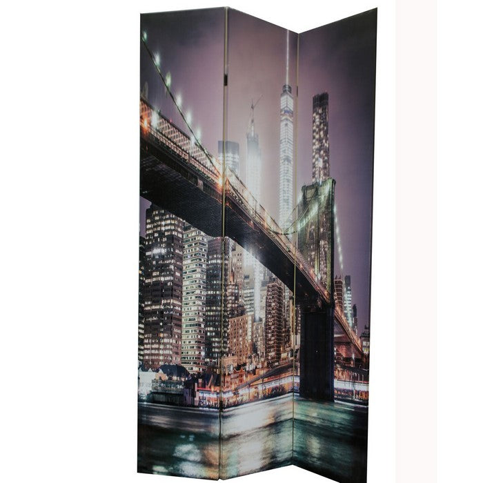 Wooden 3 Panel Room Divider with BROOKLYN BRIDGE Print, Multicolor