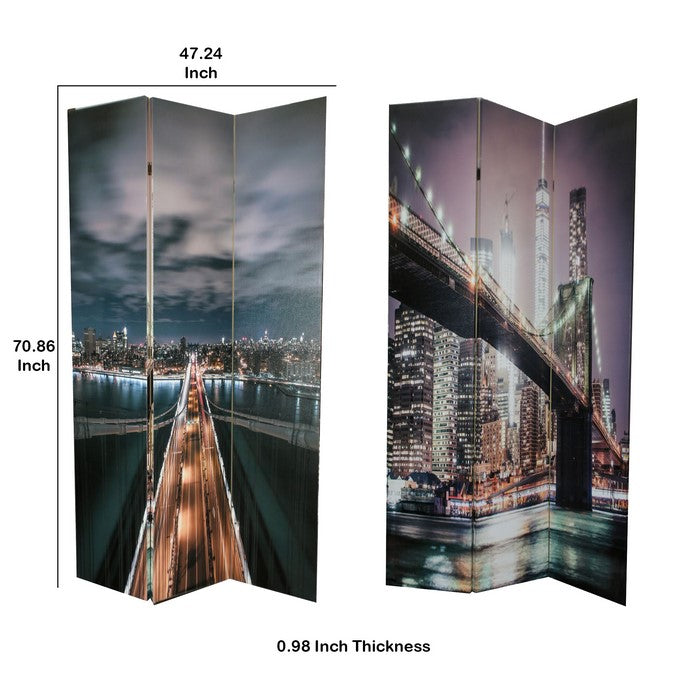 Wooden 3 Panel Room Divider with BROOKLYN BRIDGE Print, Multicolor