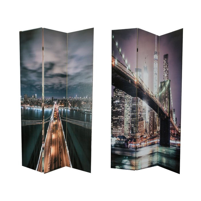 Wooden 3 Panel Room Divider with BROOKLYN BRIDGE Print, Multicolor