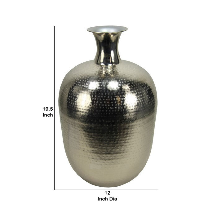 Bellied Shape Iron Vase with Long Neck and Flared Opening, Silver