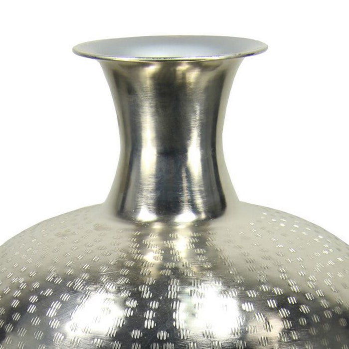 Bellied Shape Iron Vase with Narrow Neck and Rimmed Opening, Silver