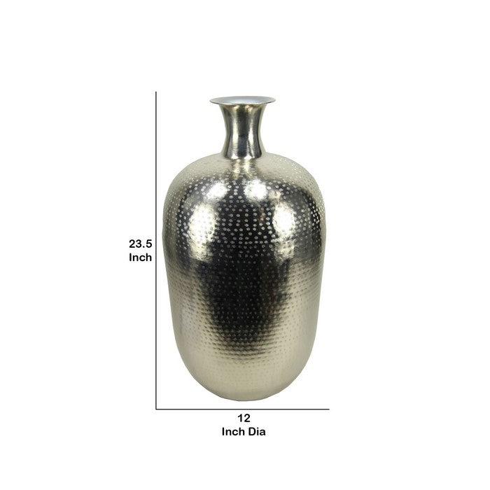 Bellied Shape Iron Vase with Narrow Neck and Rimmed Opening, Silver