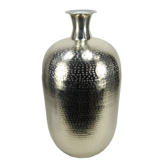 Bellied Shape Iron Vase with Narrow Neck and Rimmed Opening, Silver