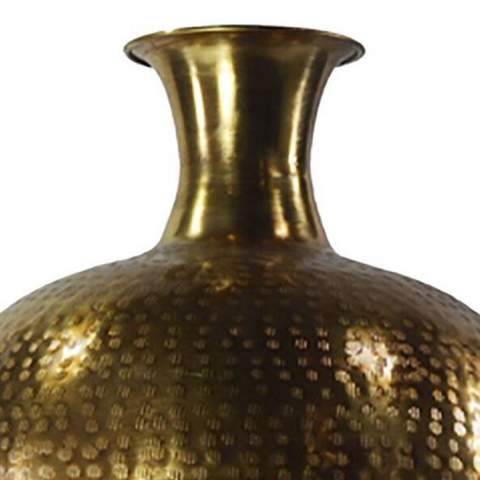 Bellied Shape Iron Vase with Narrow Neck and Rimmed Opening, Antique Gold