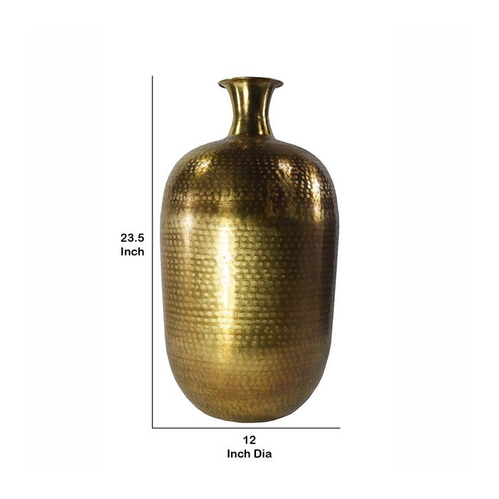 Bellied Shape Iron Vase with Narrow Neck and Rimmed Opening, Antique Gold