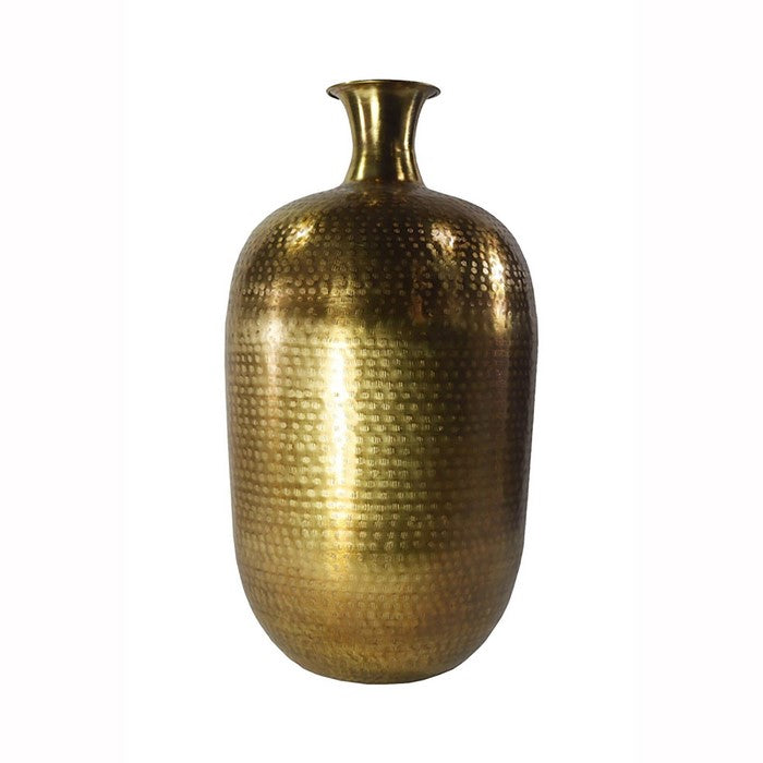 Bellied Shape Iron Vase with Narrow Neck and Rimmed Opening, Antique Gold