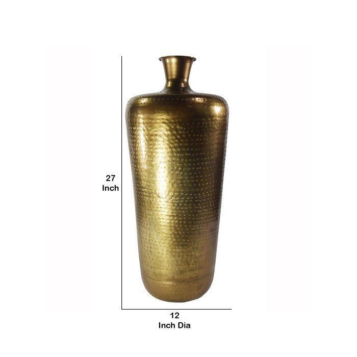 Traditional Style Iron Vase with Tapered Body and Rimmed Opening, Gold