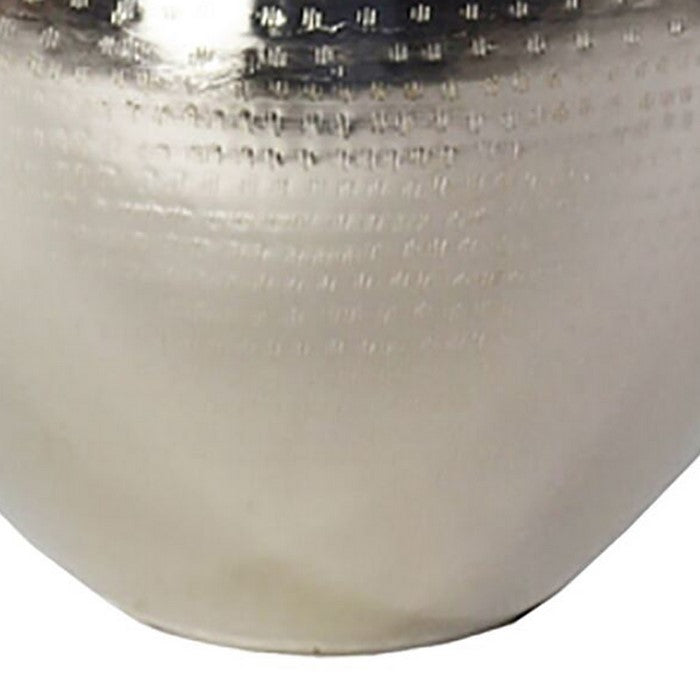 Bellied Shaped Iron Vase with Narrow Opening and Textured Top, Silver
