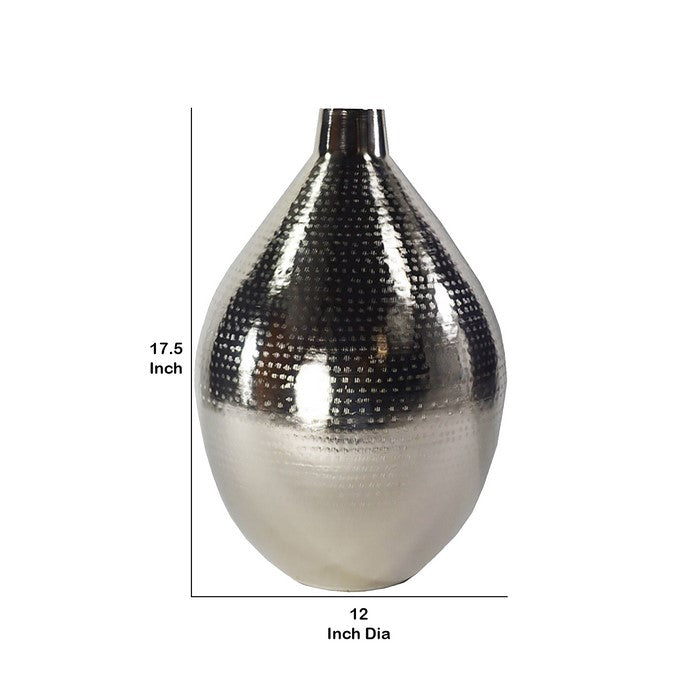 Bellied Shaped Iron Vase with Narrow Opening and Textured Top, Silver