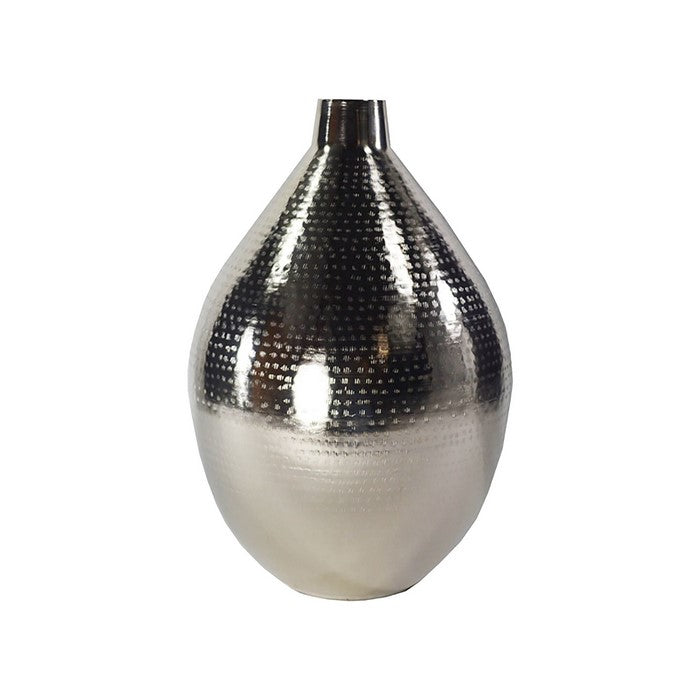 Bellied Shaped Iron Vase with Narrow Opening and Textured Top, Silver