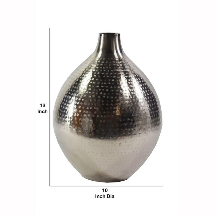 13 Inch Pot Bellied Shaped Iron Vase with Narrow Opening, Silver