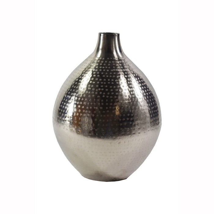 13 Inch Pot Bellied Shaped Iron Vase with Narrow Opening, Silver
