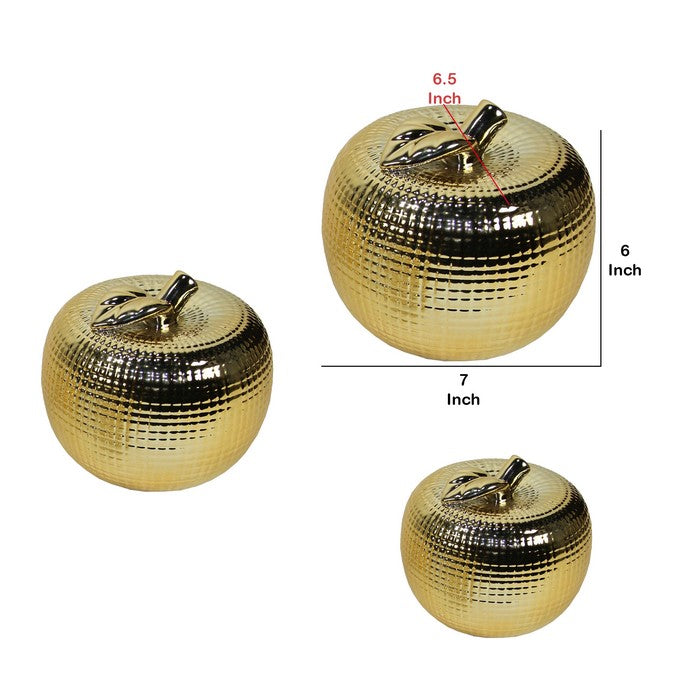 Apple Design Ceramic Accent decor with Textured Details, Set of 3, Gold