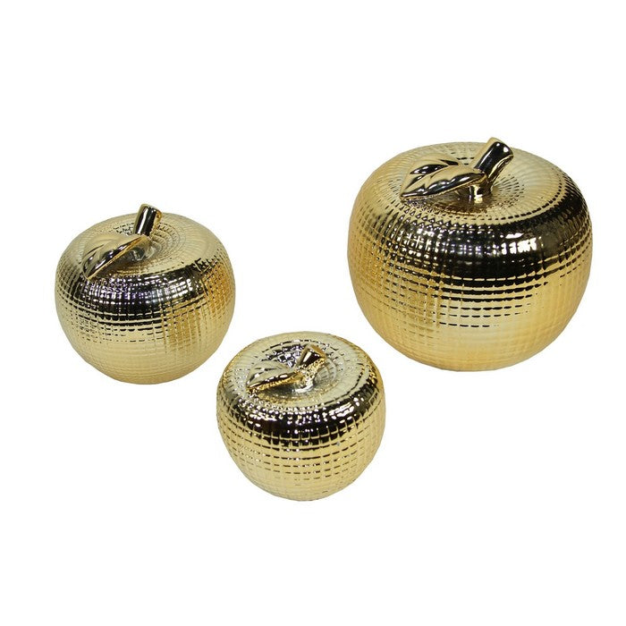 Apple Design Ceramic Accent decor with Textured Details, Set of 3, Gold