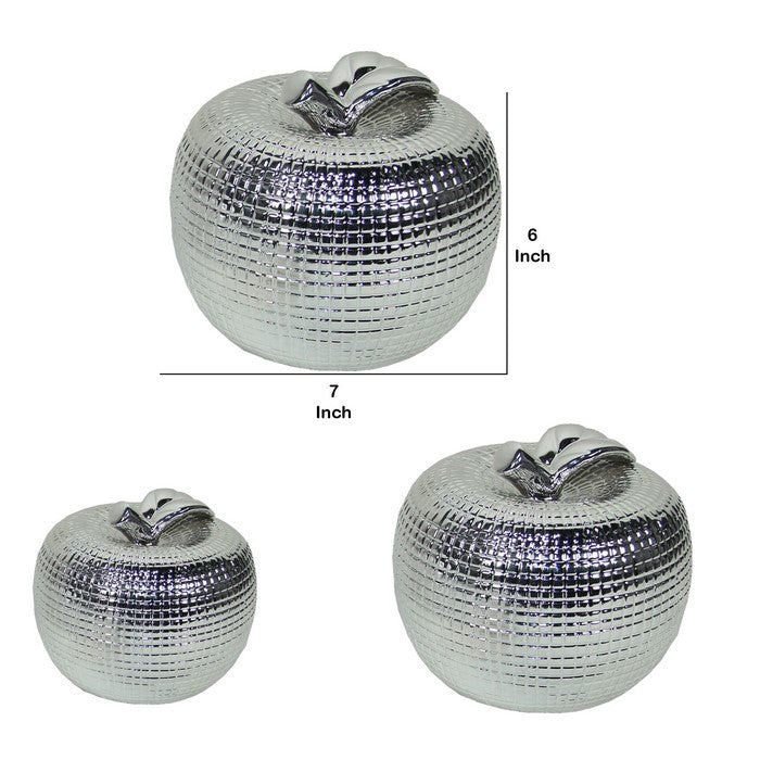 Apple Design Ceramic Accent decor with Textured Details, Set of 3, Silver