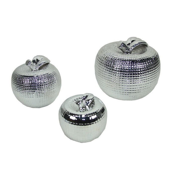 Apple Design Ceramic Accent decor with Textured Details, Set of 3, Silver