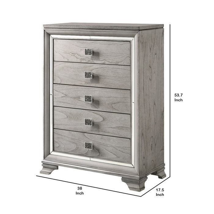5 Drawers Wooden Frame Chest with Square Crystal Knobs, Gray and Silver