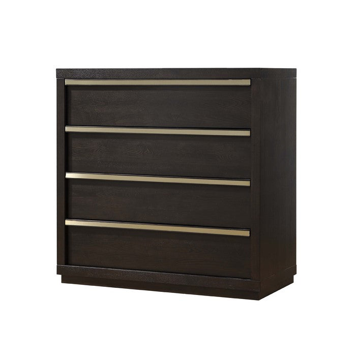4 Drawers Wooden Frame Chest with Metal trim, Dark Brown and Gold - BM215121