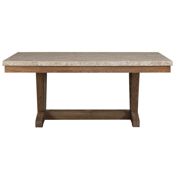 Faux Marble Top Wooden Dining Table with V Shape Legs, Brown and Beige