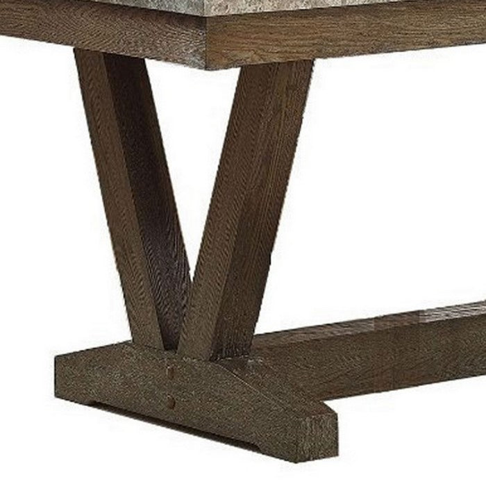 Faux Marble Top Wooden Dining Table with V Shape Legs, Brown and Beige
