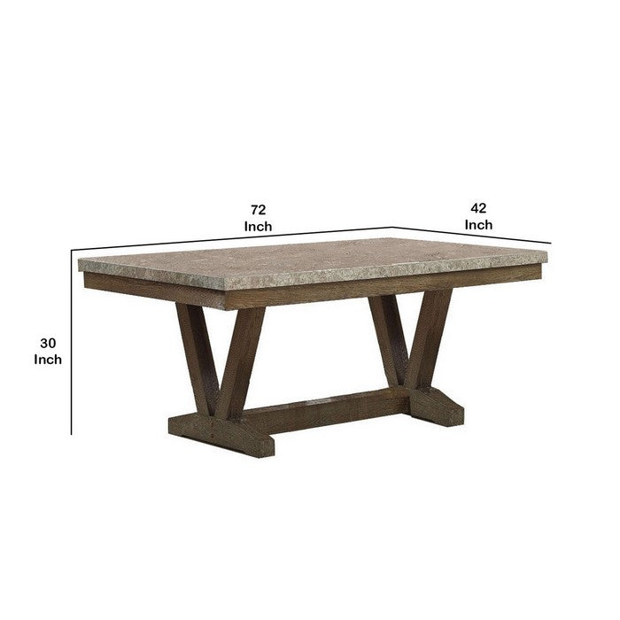 Faux Marble Top Wooden Dining Table with V Shape Legs, Brown and Beige