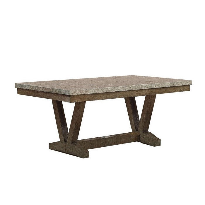Faux Marble Top Wooden Dining Table with V Shape Legs, Brown and Beige