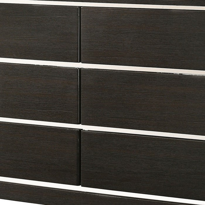 6 Drawers Wooden Frame Dresser with Metal Accents, Black and Silver