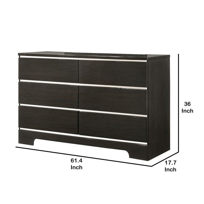 6 Drawers Wooden Frame Dresser with Metal Accents, Black and Silver