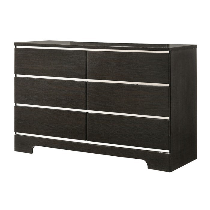 6 Drawers Wooden Frame Dresser with Metal Accents, Black and Silver