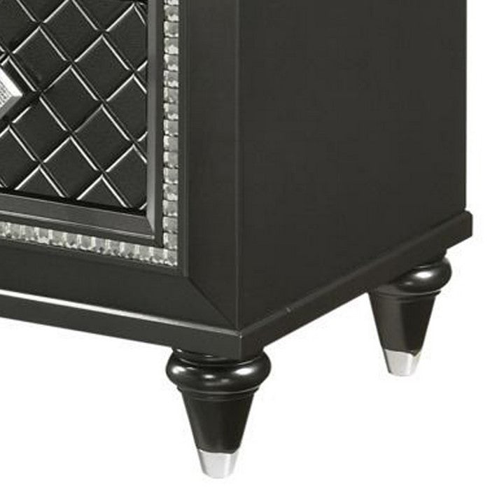 5 Drawers Wooden Frame Chest with Faux Crystal Accent, Black and Silver