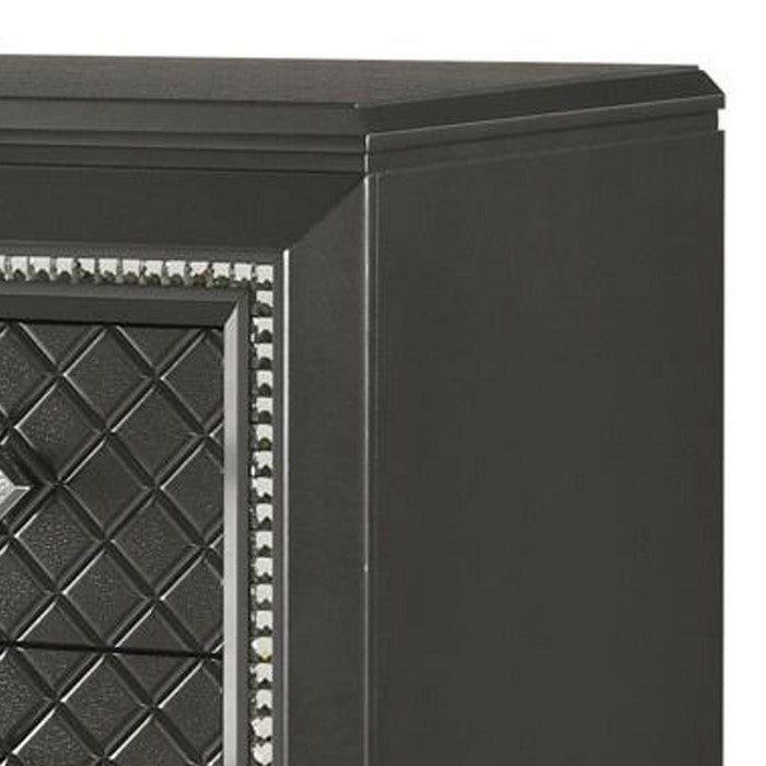 5 Drawers Wooden Frame Chest with Faux Crystal Accent, Black and Silver
