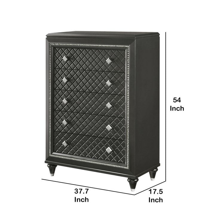 5 Drawers Wooden Frame Chest with Faux Crystal Accent, Black and Silver