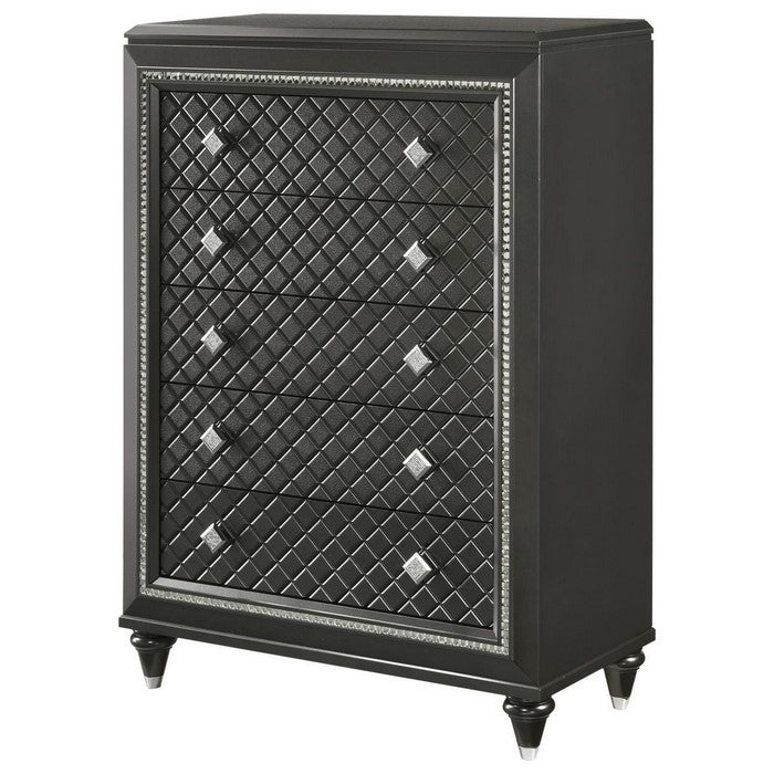 5 Drawers Wooden Frame Chest with Faux Crystal Accent, Black and Silver