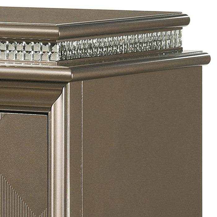 5 Drawers Wooden Chest with Faux Crystal Inlay and V Pulls, Brown and Silver