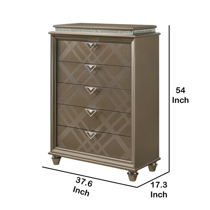 5 Drawers Wooden Chest with Faux Crystal Inlay and V Pulls, Brown and Silver
