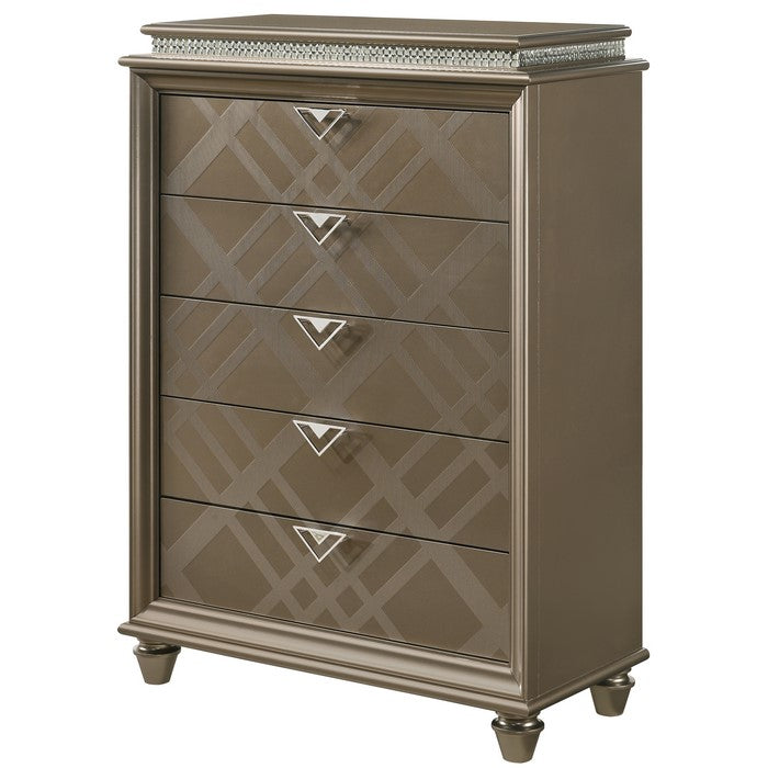 5 Drawers Wooden Chest with Faux Crystal Inlay and V Pulls, Brown and Silver