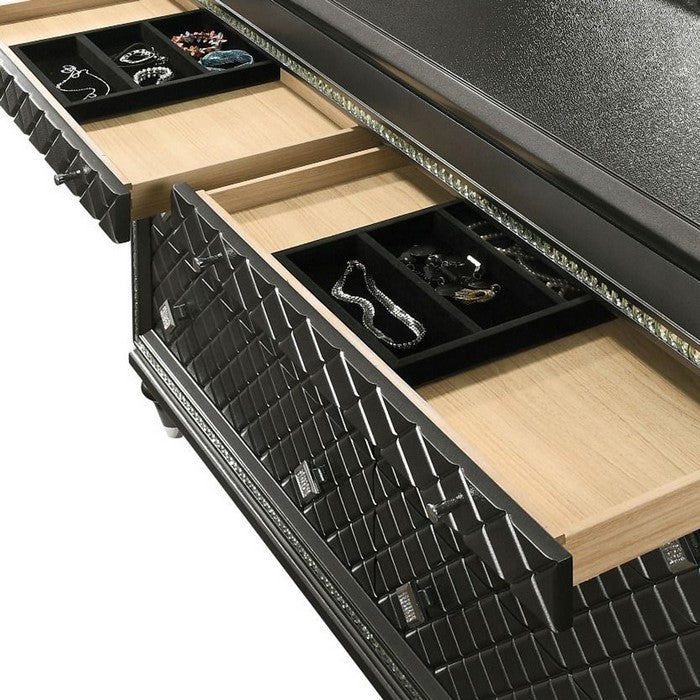 8 Drawers Wooden Dresser with Mirror Inlays and Decorative Pulls, Gray