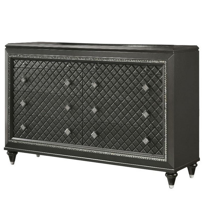 8 Drawers Wooden Dresser with Mirror Inlays and Decorative Pulls, Gray