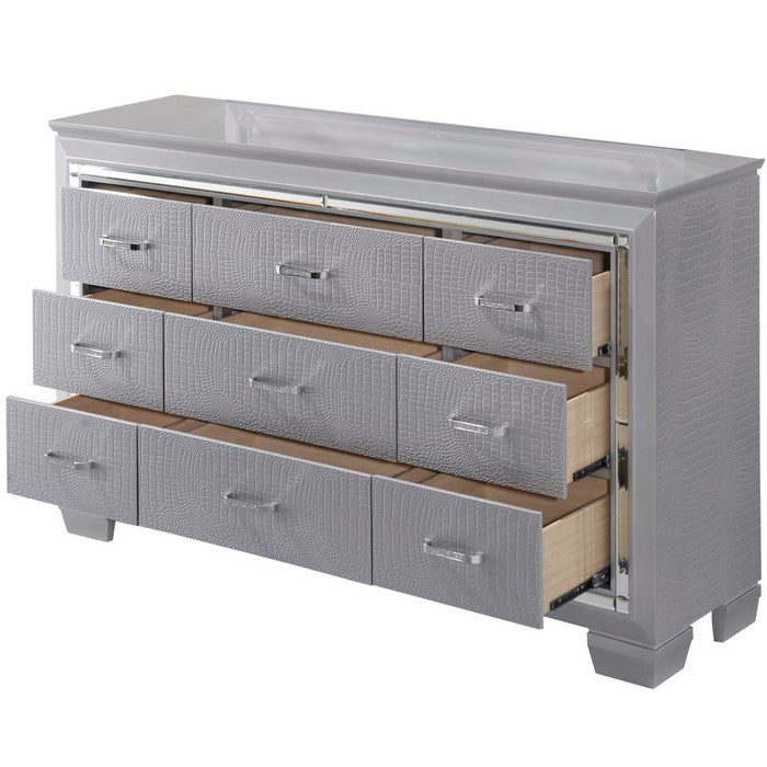 9 Drawers Textured Wooden Frame Dresser with Beveled Mirror Inserts, Gray