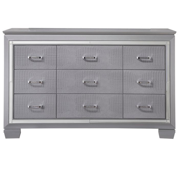 9 Drawers Textured Wooden Frame Dresser with Beveled Mirror Inserts, Gray